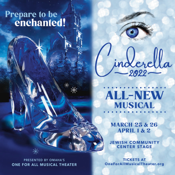 Magical Cinderella musical featuring a sparkling glass slipper and enchanting blue hues.