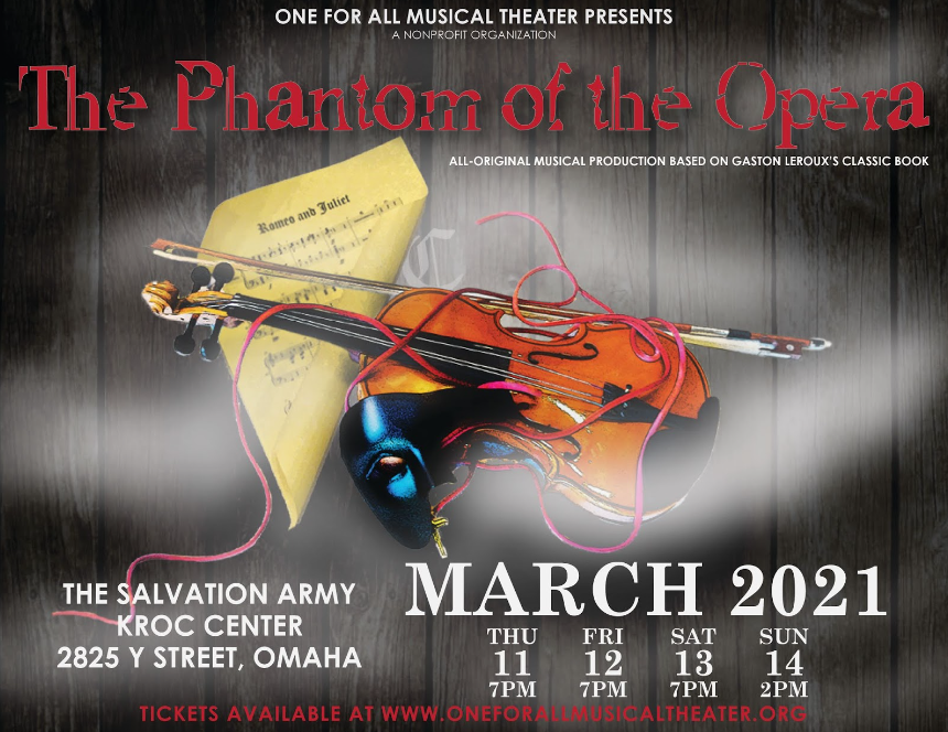 The Phantom of the Opera musical poster with violin and mask.