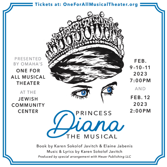 Poster for "Princess Diana" musical featuring a crown and eyes illustration.