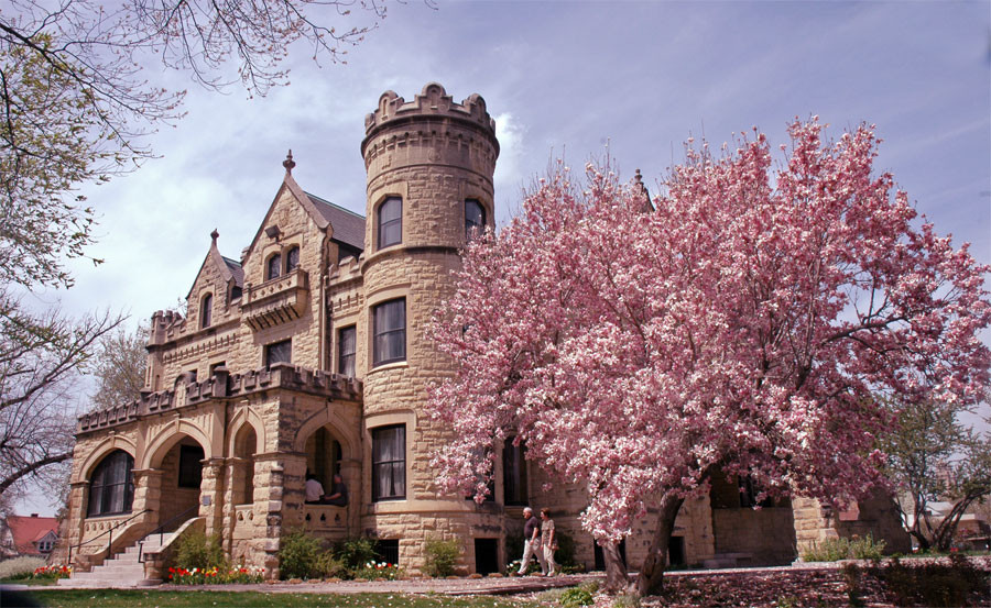 Historic stone castle with blooming pink cherry blossoms in spring.